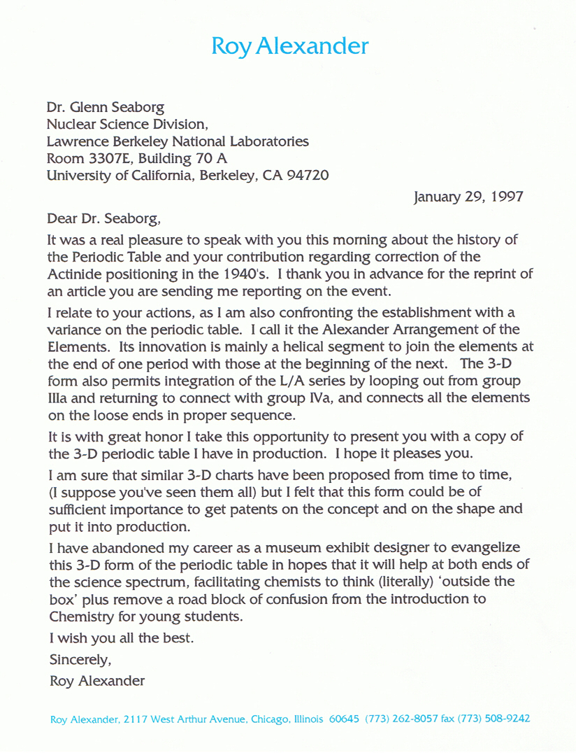 Letter from Roy Alexander to Glenn T. Seaborg thanking him for information provided during a previous phone call, accompanying a model of the Alexander Arrangement of Elements.